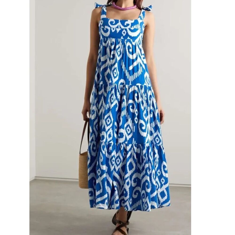 Honorine Marguerite tiered blue and white ikat cotton-gauze maxi dress L